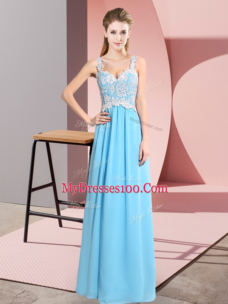 Noble Baby Blue V-neck Zipper Lace Prom Evening Gown Sleeveless