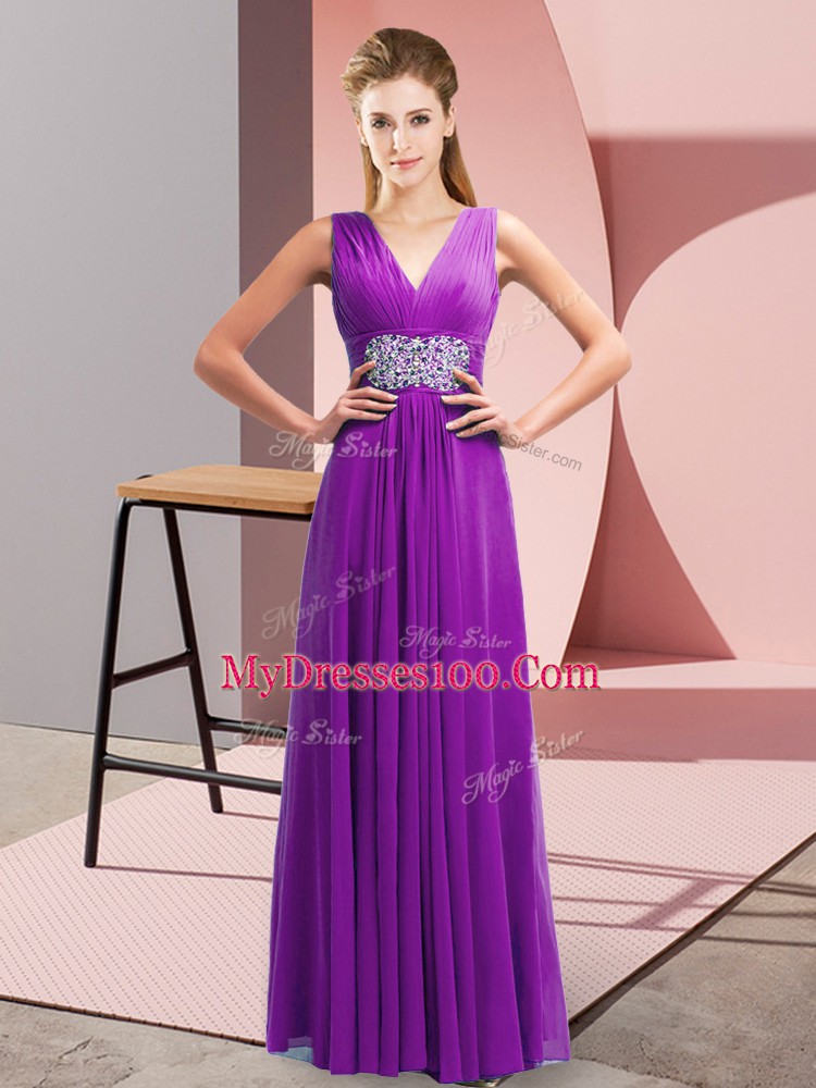 Chiffon Sleeveless Floor Length Homecoming Dress and Beading and Ruching