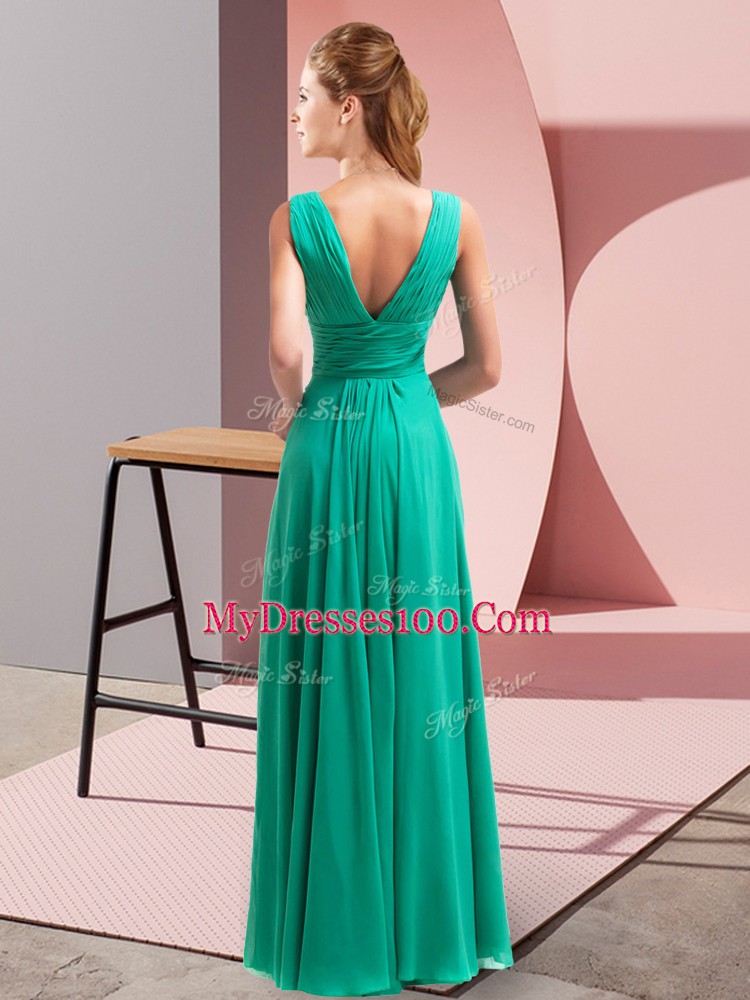 Chiffon Sleeveless Floor Length Homecoming Dress and Beading and Ruching