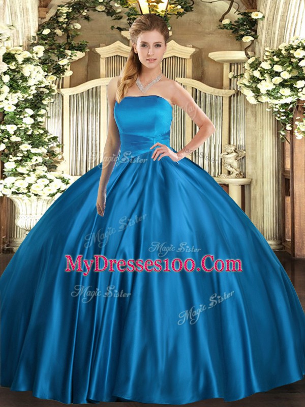 Floor Length Blue Quinceanera Dresses Satin Sleeveless Ruching