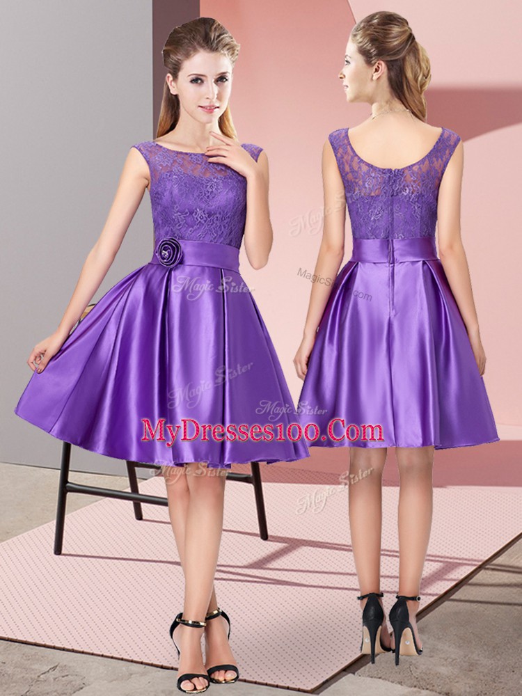 Purple Zipper Dress for Prom Lace and Hand Made Flower Sleeveless Knee Length