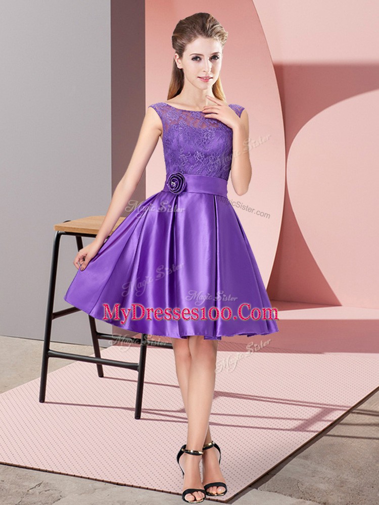 Purple Zipper Dress for Prom Lace and Hand Made Flower Sleeveless Knee Length