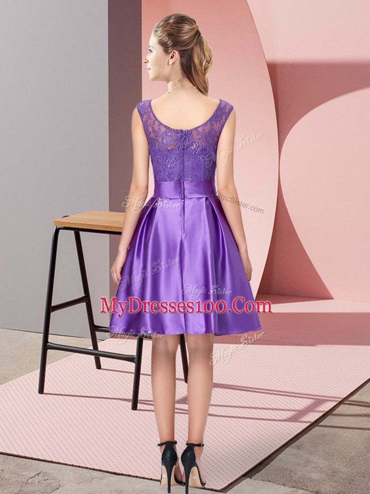 Purple Zipper Dress for Prom Lace and Hand Made Flower Sleeveless Knee Length