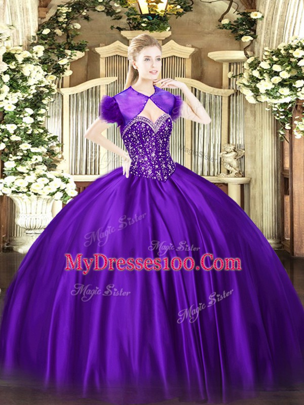 On Sale Purple Ball Gowns Satin Sweetheart Sleeveless Beading Floor Length Lace Up Vestidos de Quinceanera