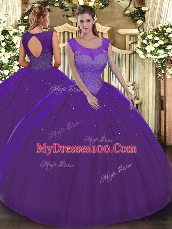 Glamorous Tulle Sleeveless Floor Length Ball Gown Prom Dress and Beading