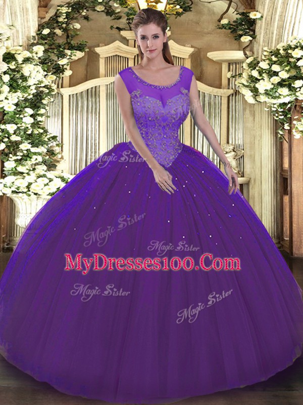 Glamorous Tulle Sleeveless Floor Length Ball Gown Prom Dress and Beading