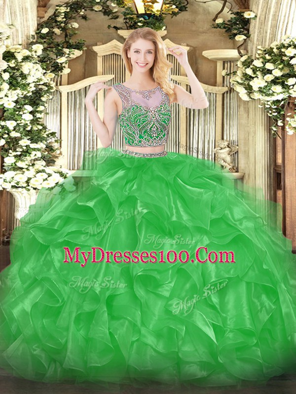 Clearance Organza Scoop Sleeveless Lace Up Beading and Ruffles Quince Ball Gowns in Green