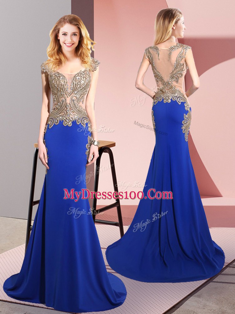 Royal Blue Side Zipper Dress for Prom Beading Sleeveless Sweep Train