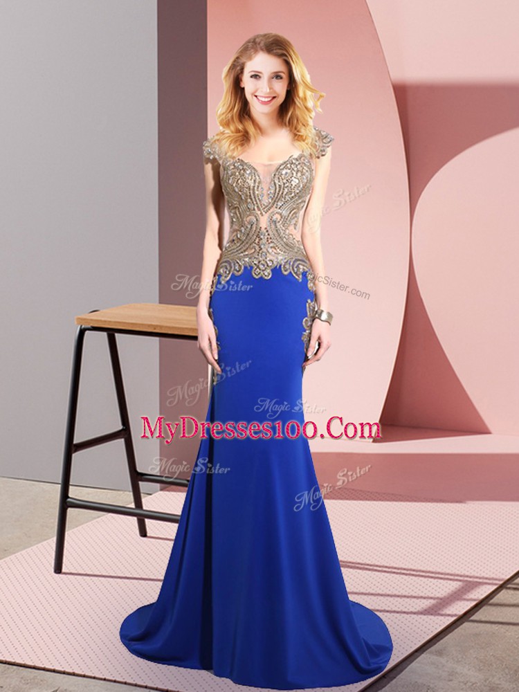 Royal Blue Side Zipper Dress for Prom Beading Sleeveless Sweep Train