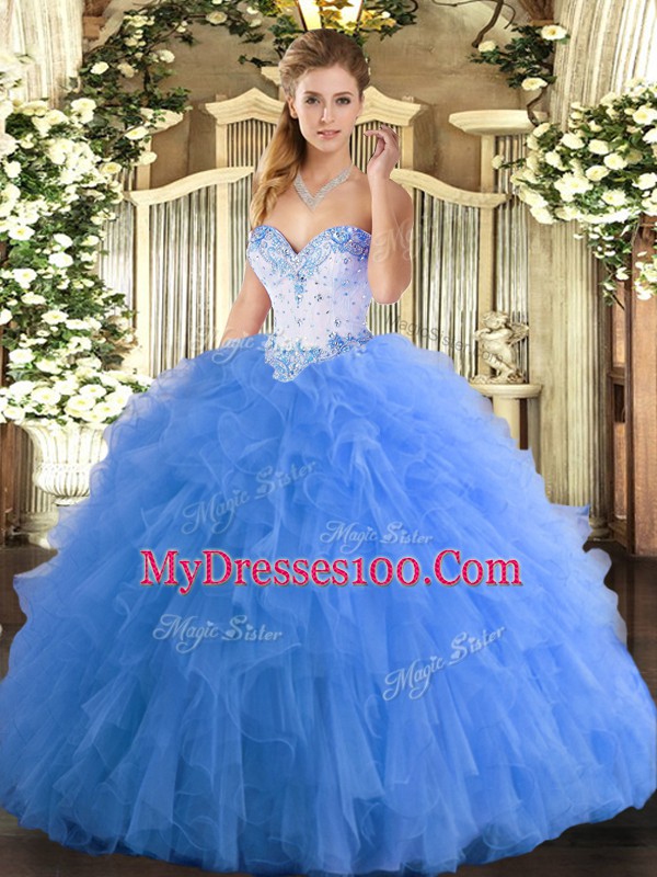 Baby Blue Tulle Lace Up 15 Quinceanera Dress Sleeveless Floor Length Beading and Ruffles