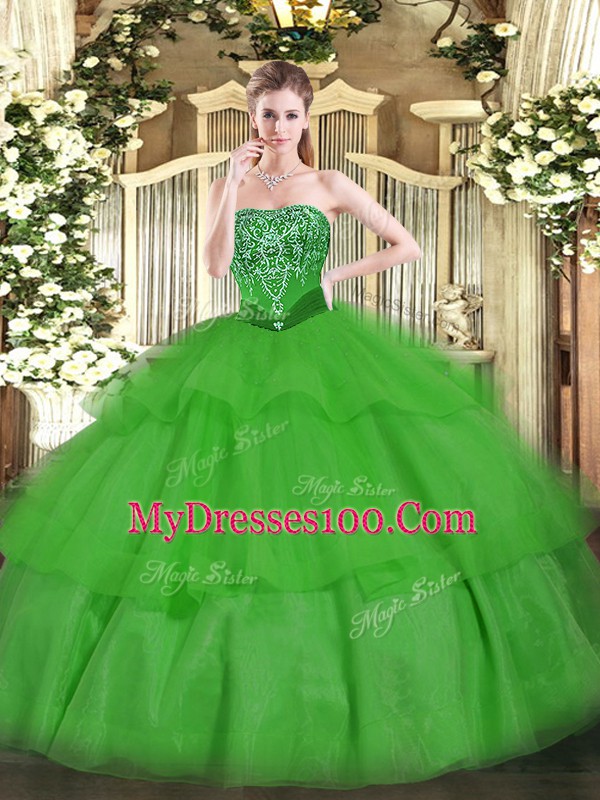 Trendy Strapless Sleeveless Tulle Quinceanera Dress Beading and Ruffled Layers Lace Up