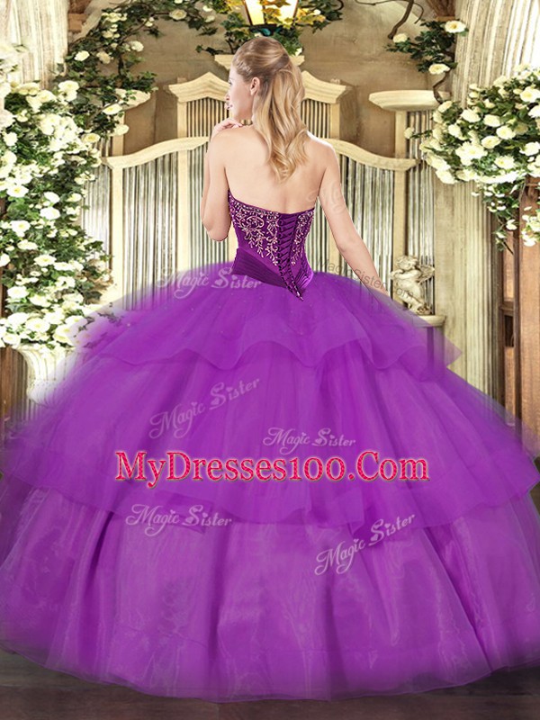 Trendy Strapless Sleeveless Tulle Quinceanera Dress Beading and Ruffled Layers Lace Up