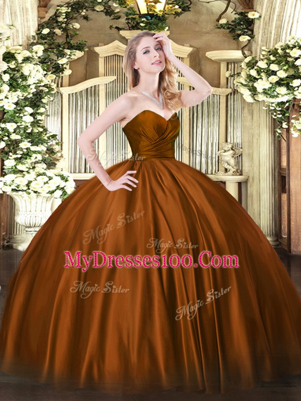 Superior Brown Ball Gowns Sweetheart Sleeveless Organza Floor Length Zipper Ruching Sweet 16 Dresses