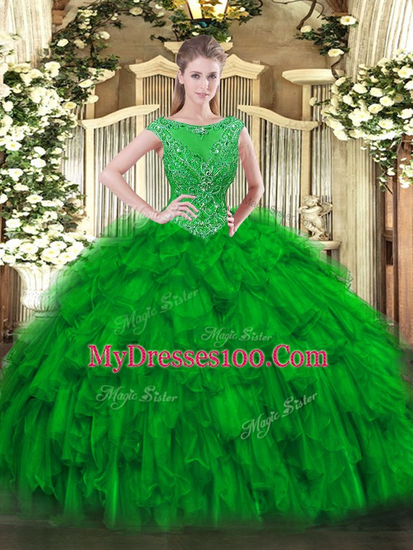 Top Selling Scoop Sleeveless Zipper Ball Gown Prom Dress Green Organza
