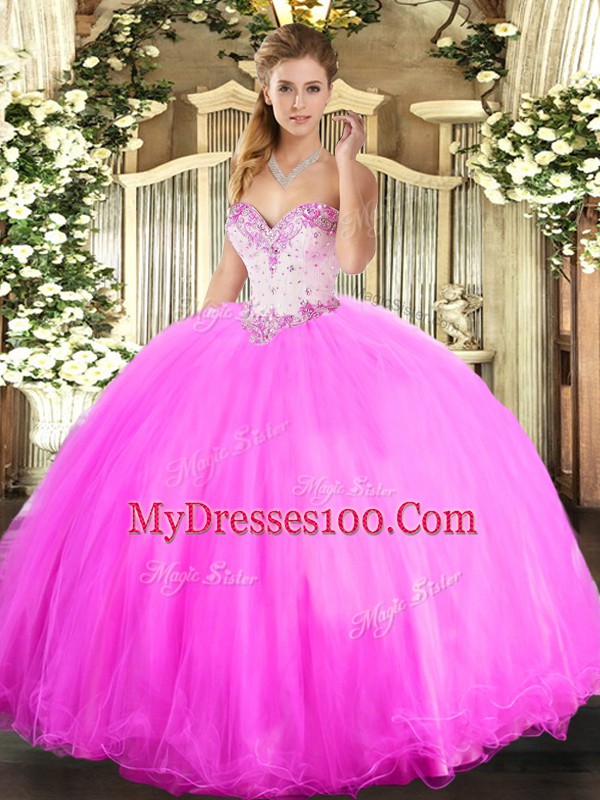 New Arrival Sleeveless Tulle Floor Length Lace Up Sweet 16 Quinceanera Dress in Rose Pink with Beading