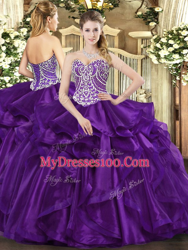 Organza Sleeveless Floor Length 15th Birthday Dress and Beading and Ruffles