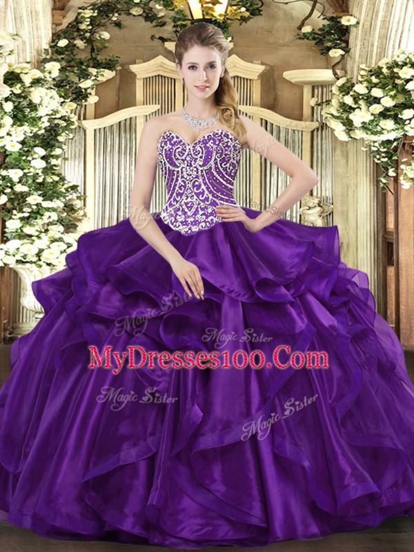 Organza Sleeveless Floor Length 15th Birthday Dress and Beading and Ruffles