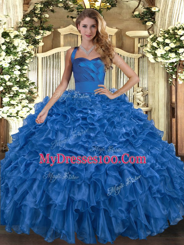 Nice Floor Length Lace Up Sweet 16 Dress Blue for Military Ball and Sweet 16 and Quinceanera with Ruffles
