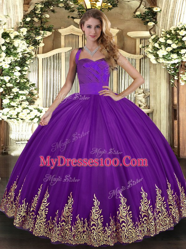 Discount Purple Ball Gowns Appliques Sweet 16 Quinceanera Dress Lace Up Tulle Sleeveless Floor Length
