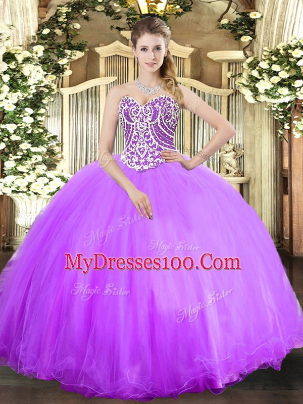 Exquisite Lavender Sleeveless Beading Floor Length Vestidos de Quinceanera