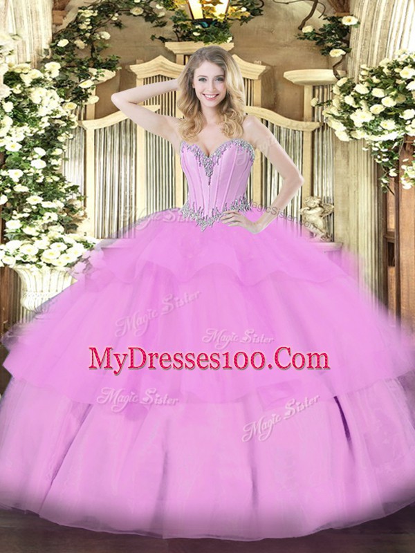 Super Floor Length Lace Up 15 Quinceanera Dress Lilac for Military Ball and Sweet 16 and Quinceanera with Beading and Ruffled Layers