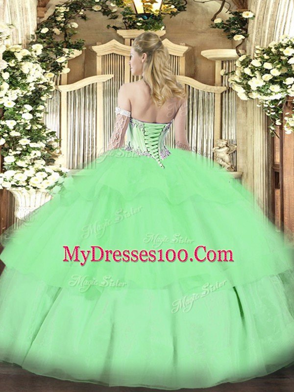 Super Floor Length Lace Up 15 Quinceanera Dress Lilac for Military Ball and Sweet 16 and Quinceanera with Beading and Ruffled Layers