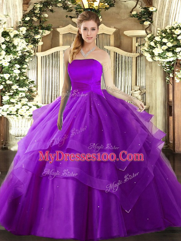 Strapless Sleeveless Lace Up Vestidos de Quinceanera Eggplant Purple Tulle