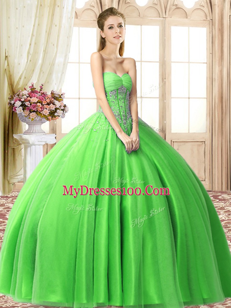 Simple Sleeveless Floor Length Beading Lace Up 15 Quinceanera Dress with