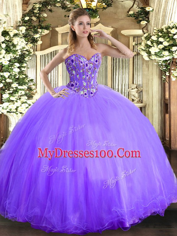 Discount Sleeveless Organza and Tulle Floor Length Lace Up 15th Birthday Dress in Lavender with Embroidery