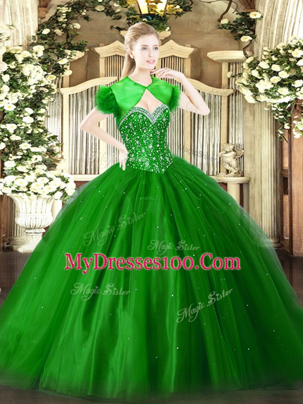Simple Sweetheart Sleeveless Lace Up Quinceanera Gowns Green Tulle