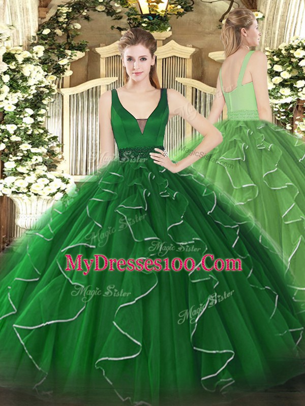 Green Straps Zipper Beading and Ruffles Ball Gown Prom Dress Sleeveless