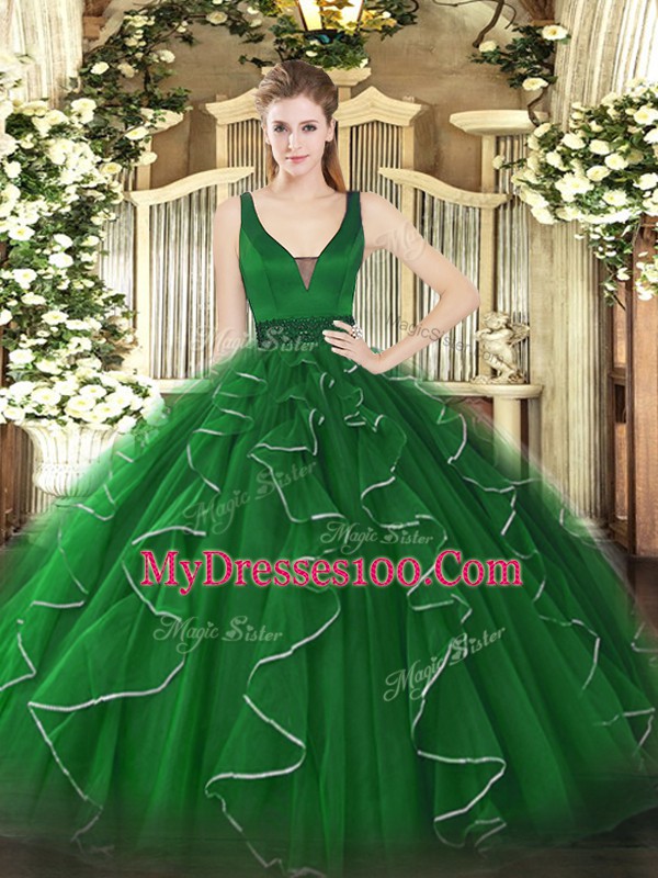 Green Straps Zipper Beading and Ruffles Ball Gown Prom Dress Sleeveless