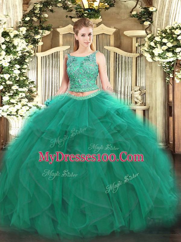 Customized Turquoise Ball Gown Prom Dress Military Ball and Sweet 16 and Quinceanera with Beading and Ruffles Scoop Sleeveless Lace Up
