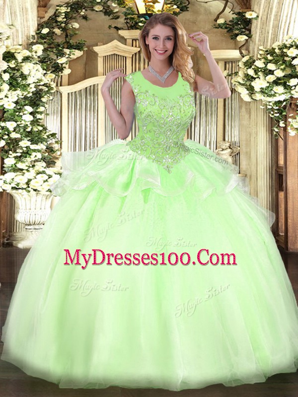 New Style Organza Scoop Sleeveless Zipper Beading Sweet 16 Quinceanera Dress in Yellow Green