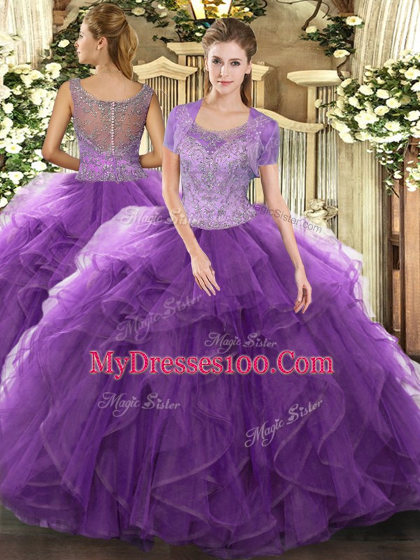 Hot Selling Floor Length Clasp Handle Ball Gown Prom Dress Lavender for Military Ball and Sweet 16 and Quinceanera with Beading and Ruffled Layers