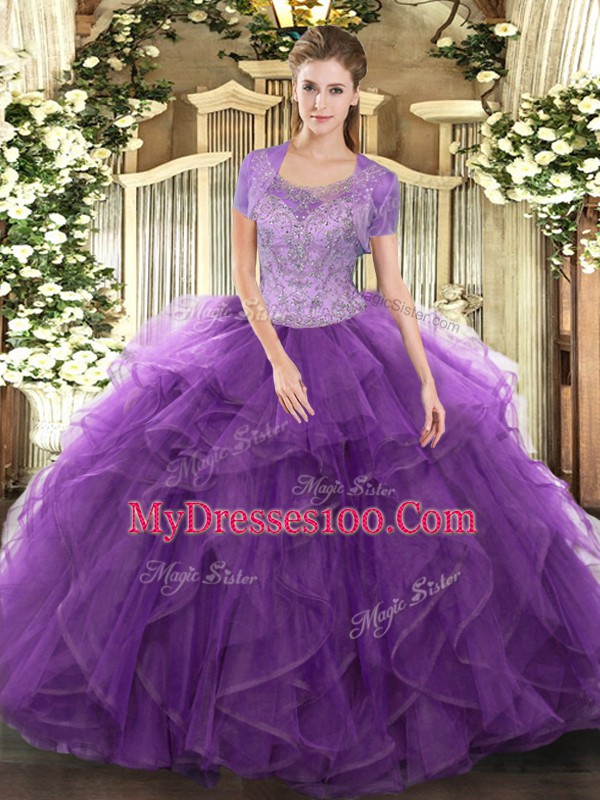 Hot Selling Floor Length Clasp Handle Ball Gown Prom Dress Lavender for Military Ball and Sweet 16 and Quinceanera with Beading and Ruffled Layers