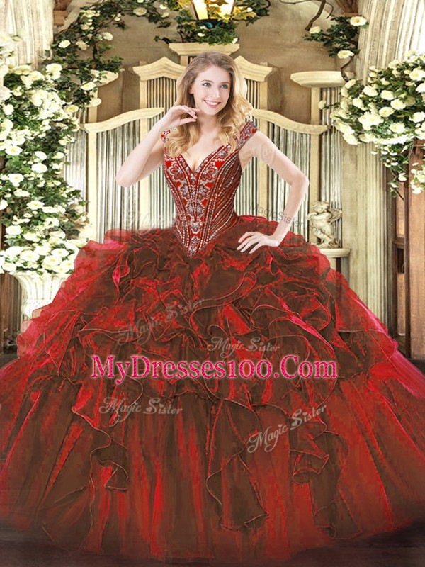 Wine Red V-neck Lace Up Beading and Ruffles Quince Ball Gowns Sleeveless