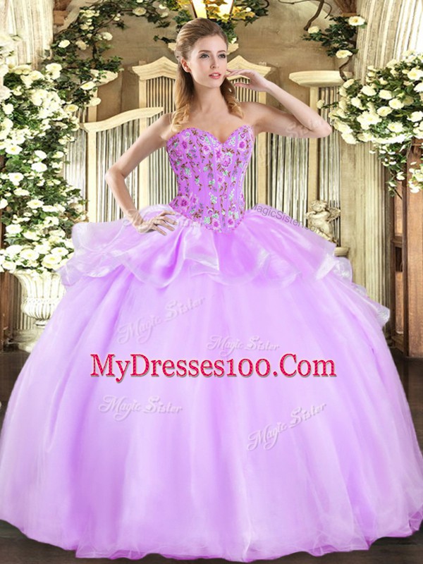 Lilac Lace Up Sweetheart Embroidery 15 Quinceanera Dress Organza Sleeveless