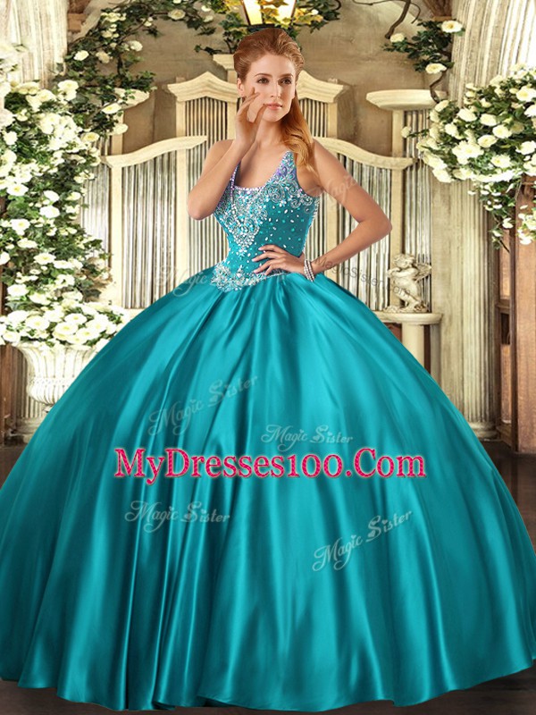 Teal Satin Lace Up 15th Birthday Dress Sleeveless Floor Length Beading