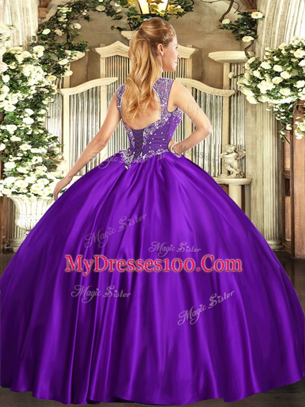 Teal Satin Lace Up 15th Birthday Dress Sleeveless Floor Length Beading