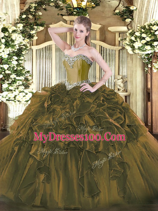 Wonderful Olive Green Ball Gowns Sweetheart Sleeveless Organza Floor Length Lace Up Beading and Ruffles Quinceanera Gowns