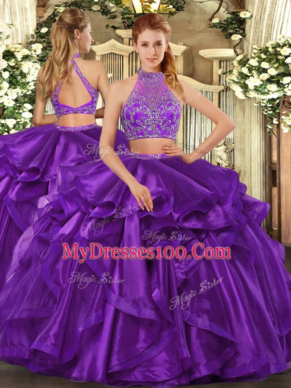 Sumptuous Eggplant Purple Organza Criss Cross Quinceanera Gowns Sleeveless Floor Length Beading and Ruffled Layers