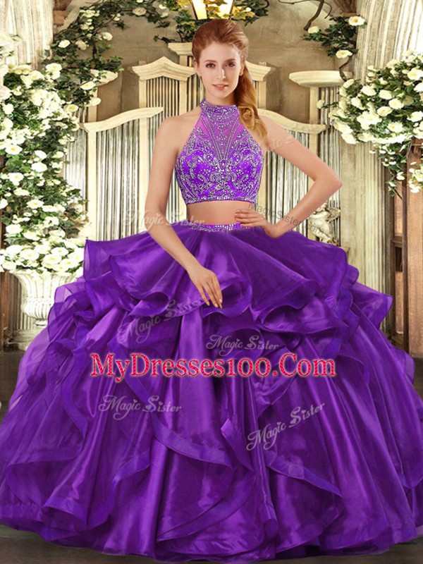 Sumptuous Eggplant Purple Organza Criss Cross Quinceanera Gowns Sleeveless Floor Length Beading and Ruffled Layers