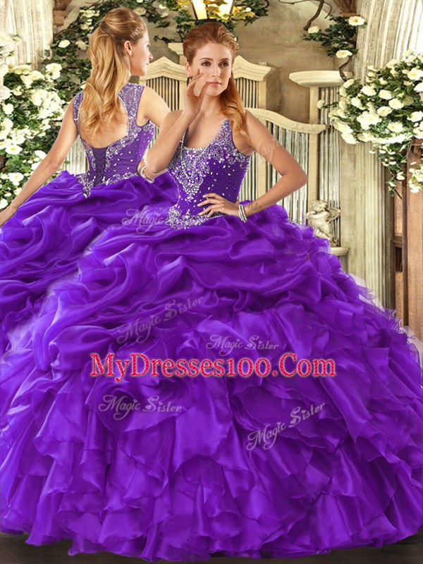 Fabulous Purple Organza Lace Up Straps Sleeveless Floor Length Quinceanera Gown Beading and Ruffles and Pick Ups