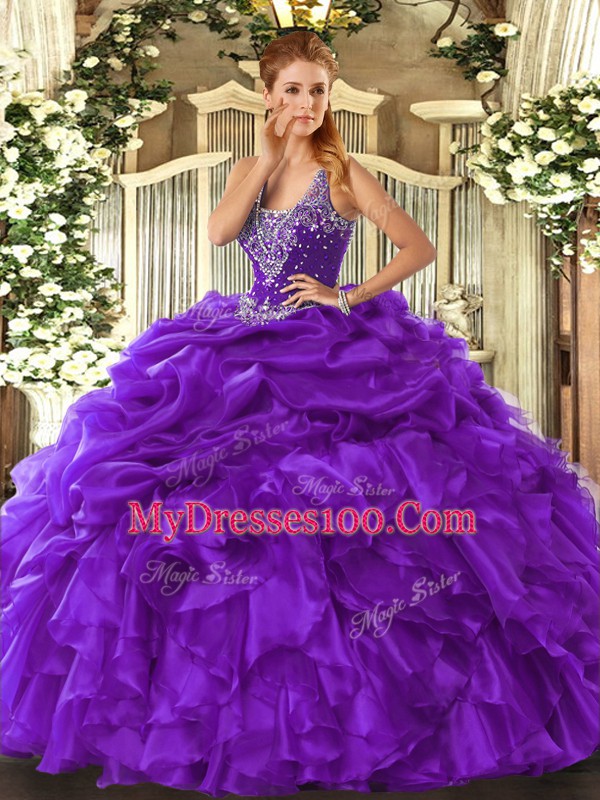 Fabulous Purple Organza Lace Up Straps Sleeveless Floor Length Quinceanera Gown Beading and Ruffles and Pick Ups