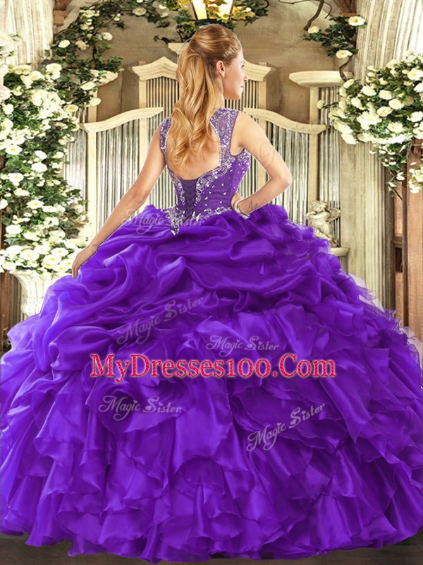 Fabulous Purple Organza Lace Up Straps Sleeveless Floor Length Quinceanera Gown Beading and Ruffles and Pick Ups