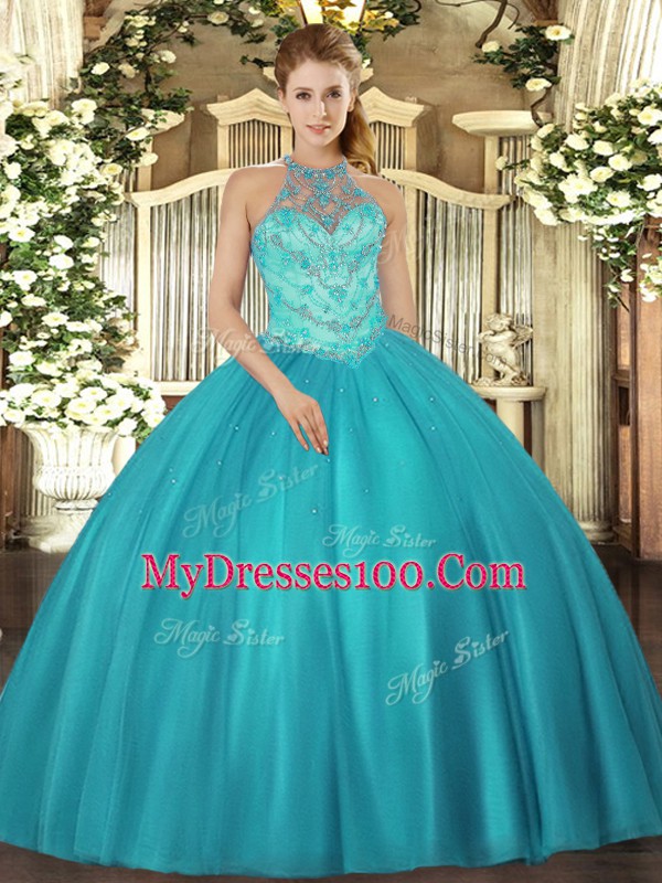 Adorable Beading 15th Birthday Dress Teal Lace Up Sleeveless Floor Length