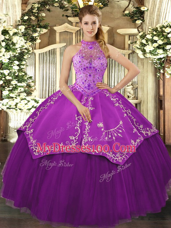 Free and Easy Halter Top Sleeveless Satin and Tulle 15 Quinceanera Dress Beading and Embroidery Lace Up