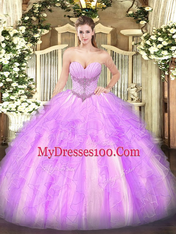 Floor Length Lace Up Sweet 16 Quinceanera Dress Lilac for Military Ball and Sweet 16 and Quinceanera with Beading and Ruffles