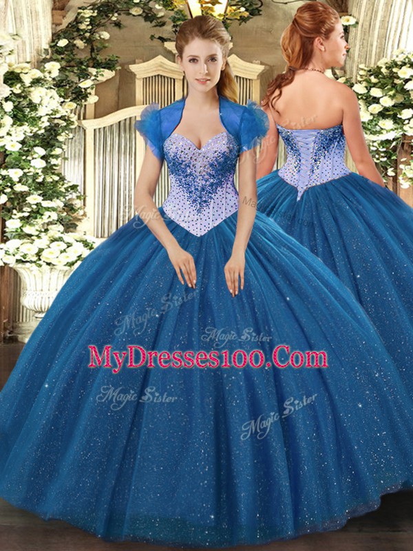 Super Sweetheart Sleeveless Sweet 16 Quinceanera Dress Floor Length Beading and Sequins Navy Blue Tulle